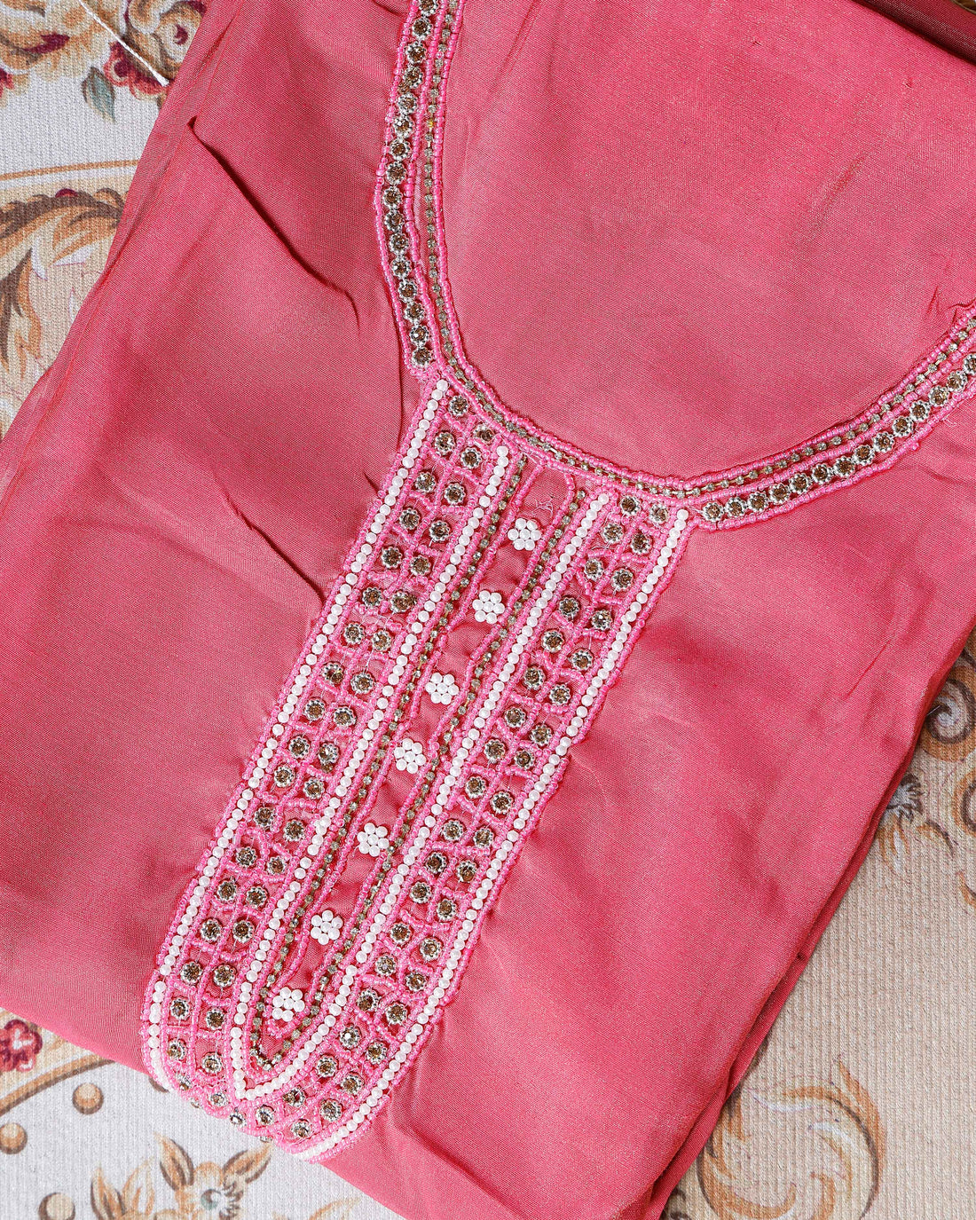 Women's Unstitched Salwar Material with Sequined Embroidery and Complementary Dupatta - Pink