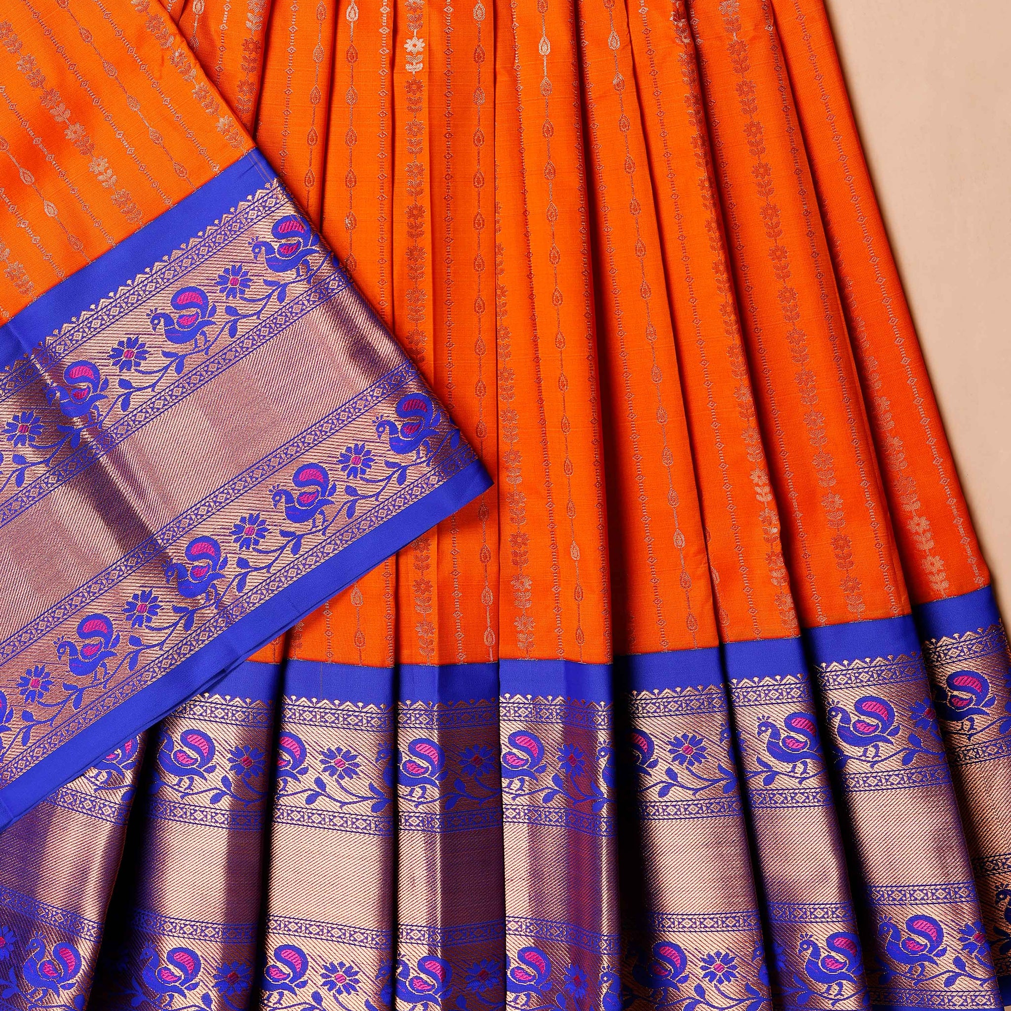Traditional Weave Kids Pattu Pavadai Material with Peacock and Floral Zari Border - Orange