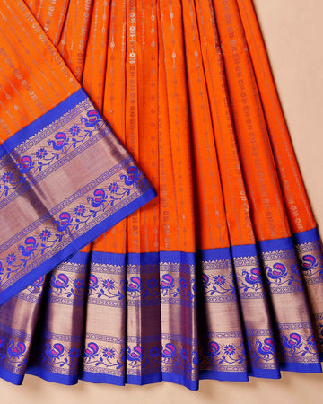 Traditional Weave Kids Pattu Pavadai Material with Peacock and Floral Zari Border - Orange