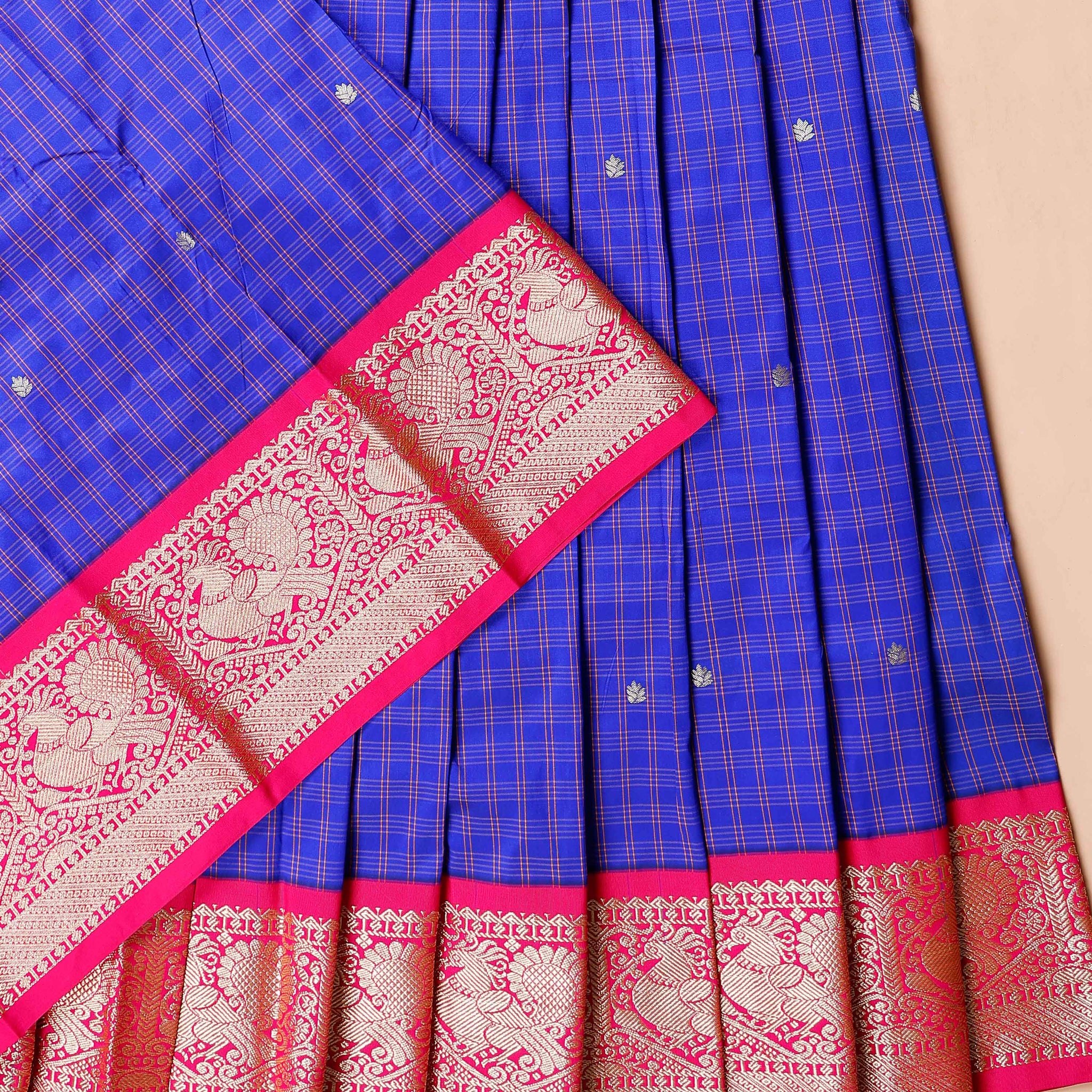 Traditional Kids Pattu Pavadai Material with Zari Woven Checks and Motif Border - Blue