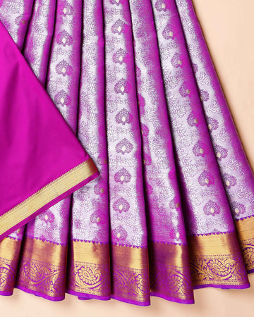 Traditional Kids Pattu Pavadai Material with Traditional Zari Weave & Intricate Motifs - Purple