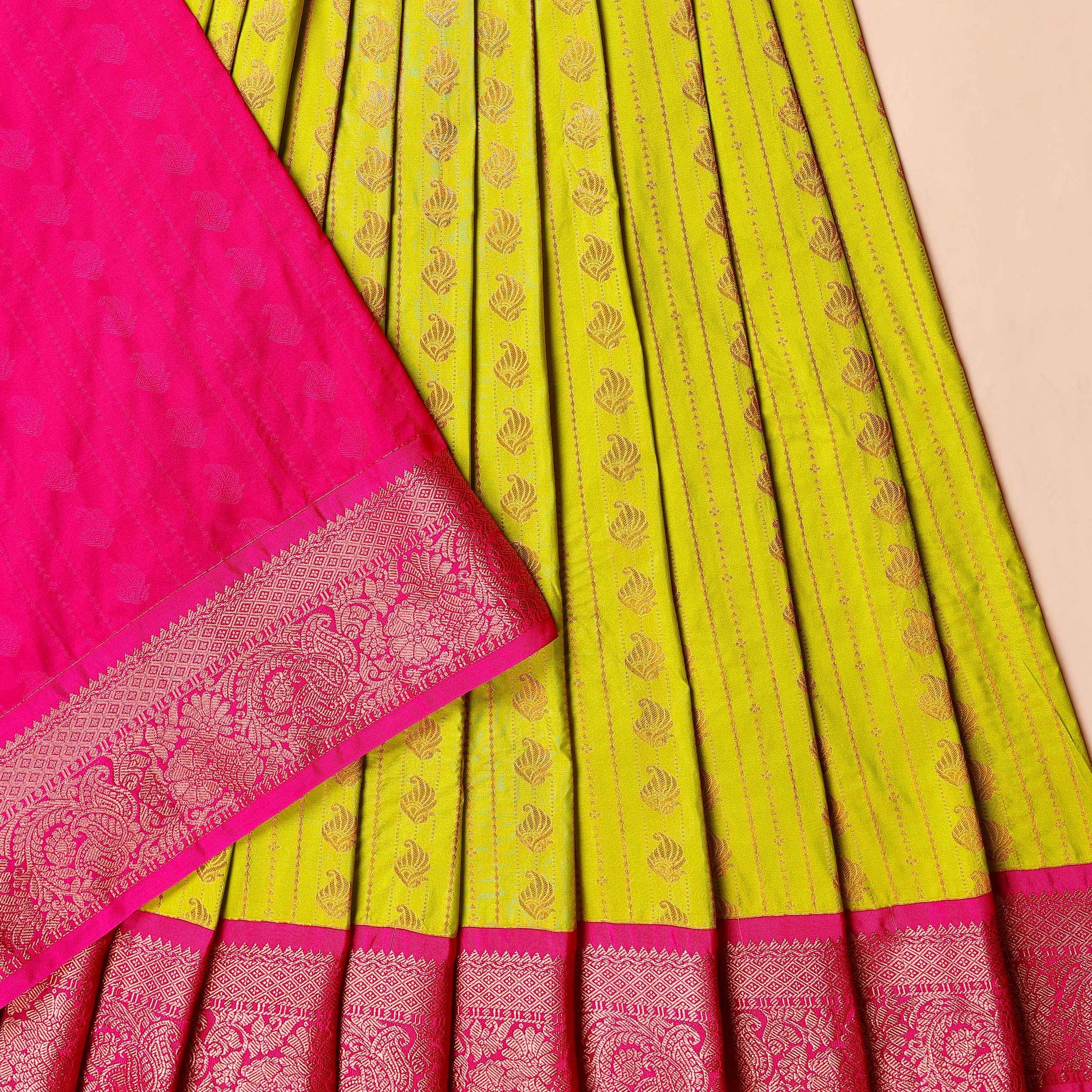 Traditional Kids Pattu Pavadai Material with Intricate Zari Weave Border - Green