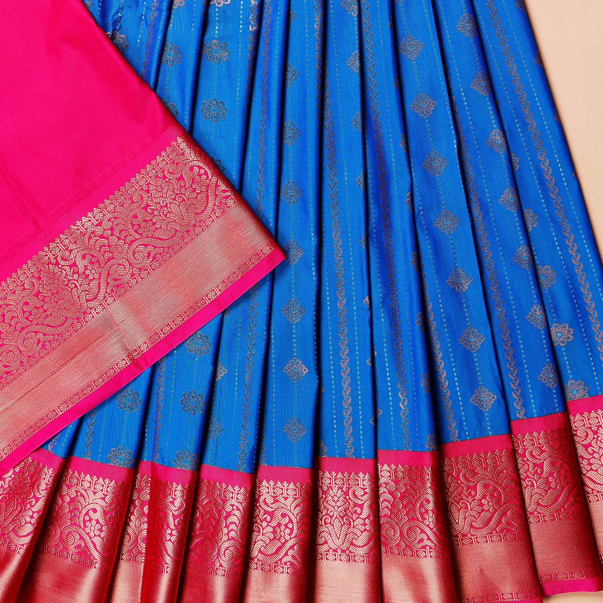 Kids' Traditional Pattu Pavadai Material with Zari Weave & Temple Border - Blue