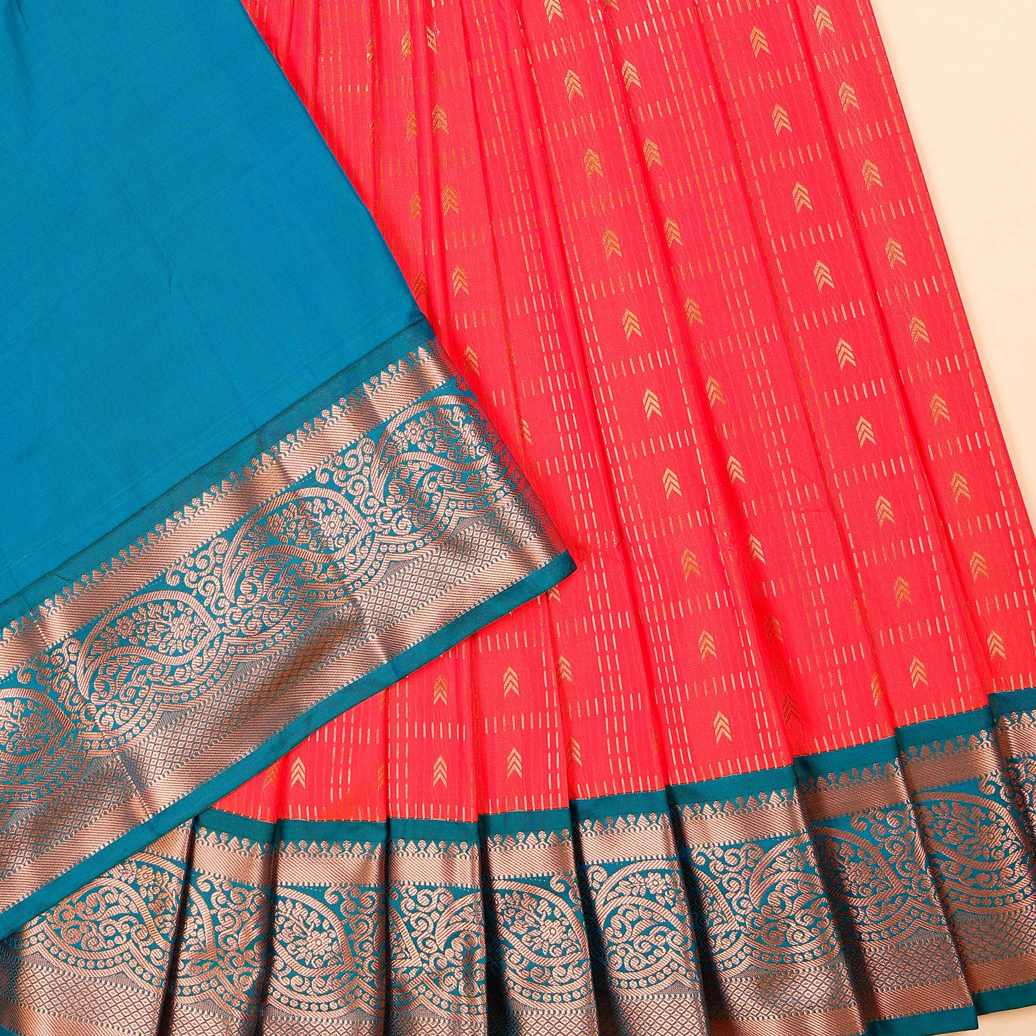 Traditional Kids Pattu Pavadai Material with Elaborate Woven Border - Dark Orange
