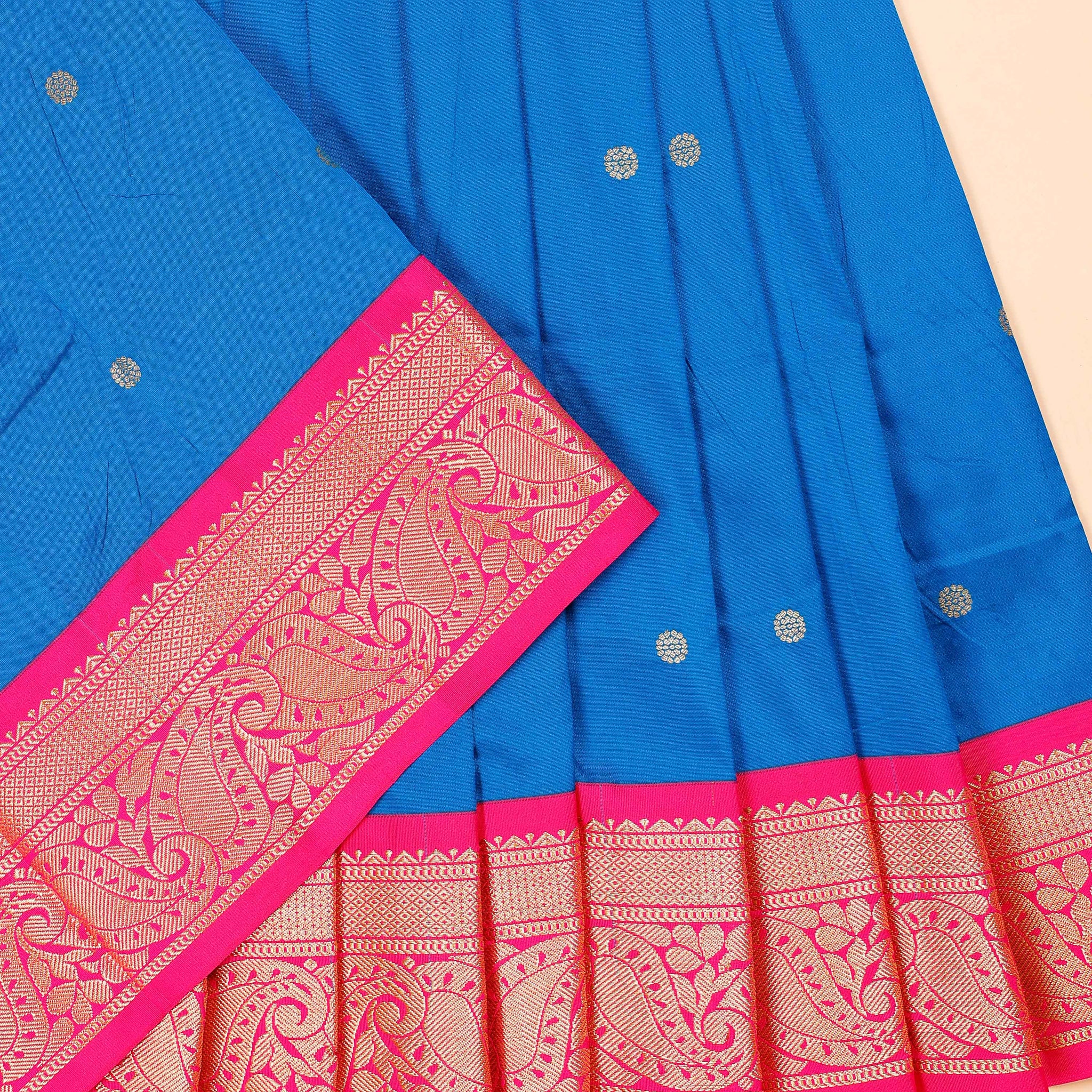 Traditional Kids Pattu Pavadai Material with Zari Border and Butta Motifs - Blue