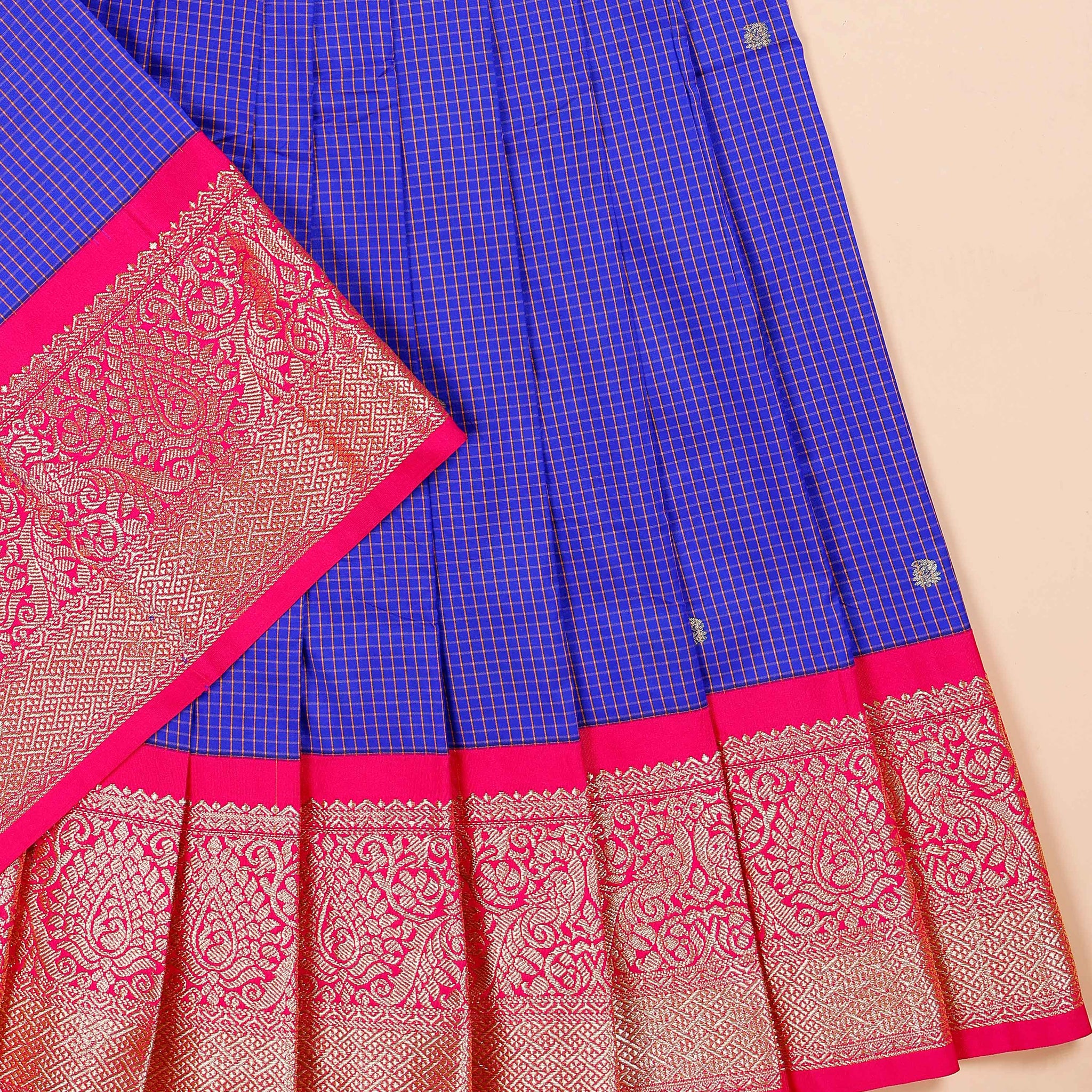Traditional Pattu Pavadai Material with Zari Border and Checks Pattern - Blue