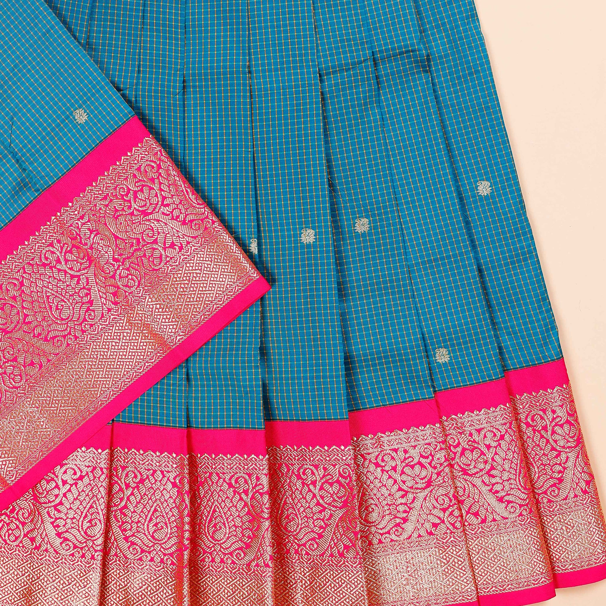 Traditional Pattu Pavadai Material with Zari Border and Checks Pattern - Teal