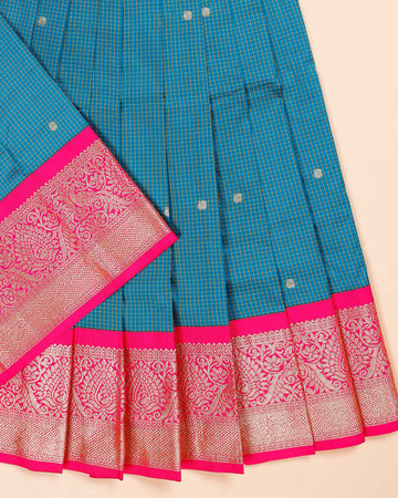Traditional Pattu Pavadai Material with Zari Border and Checks Pattern - Teal