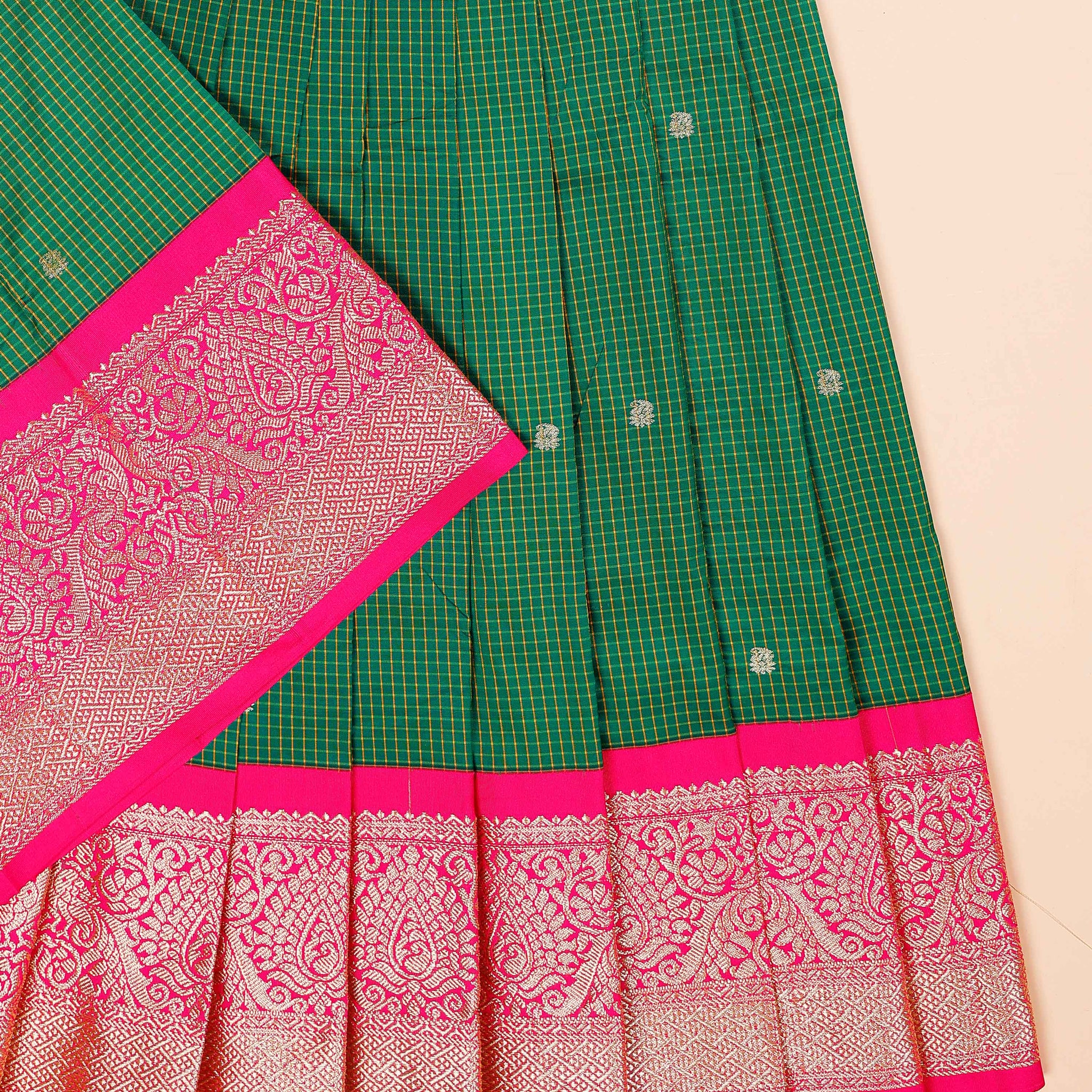 Traditional Pattu Pavadai Material with Zari Border and Checks Pattern - Green