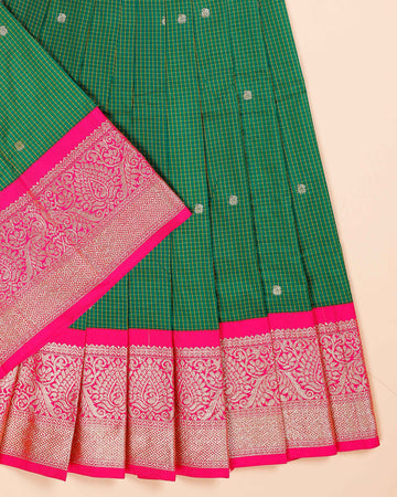 Traditional Pattu Pavadai Material with Zari Border and Checks Pattern - Green