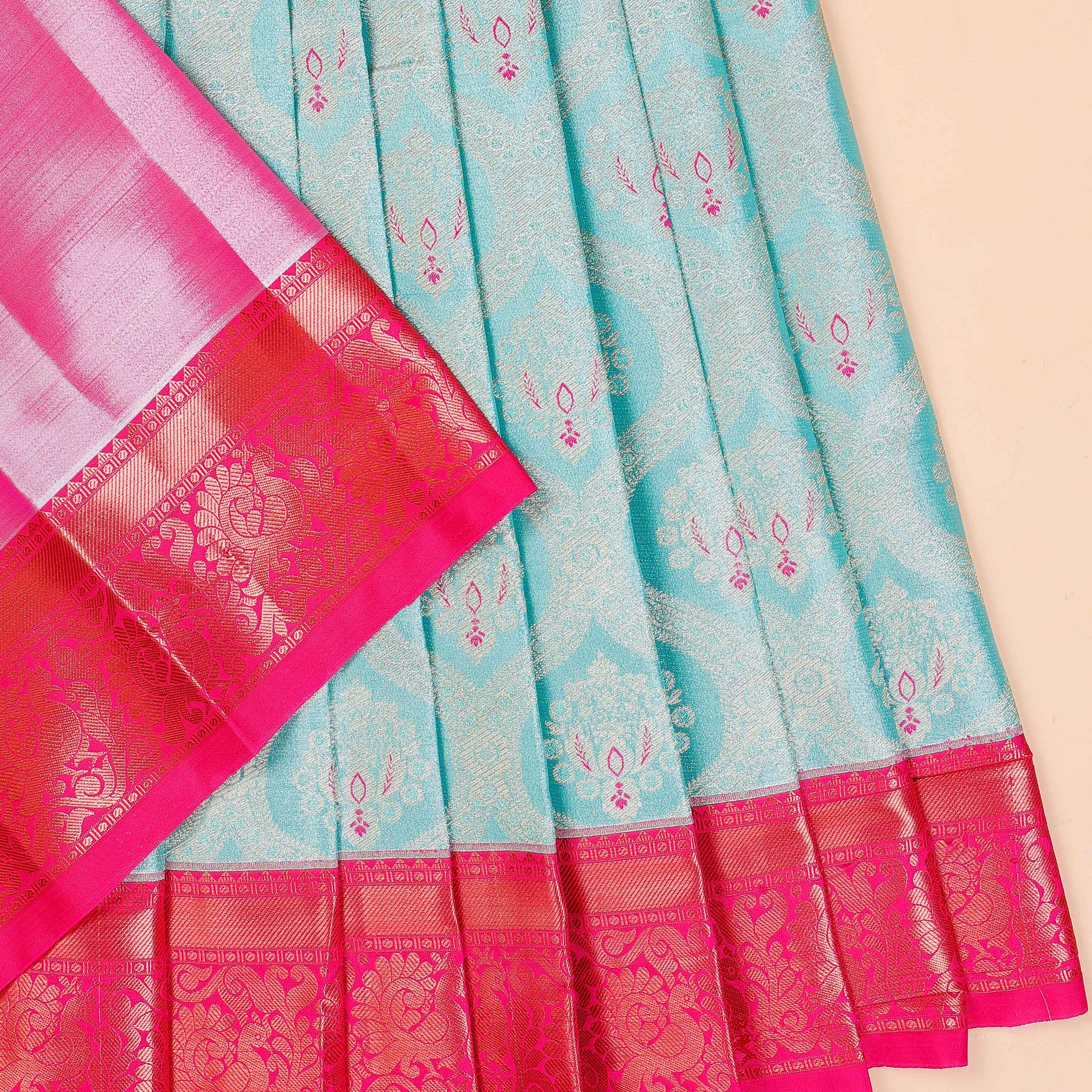 Traditional Pattu Pavadai Material with Floral and Paisley Designs  - Sky Blue