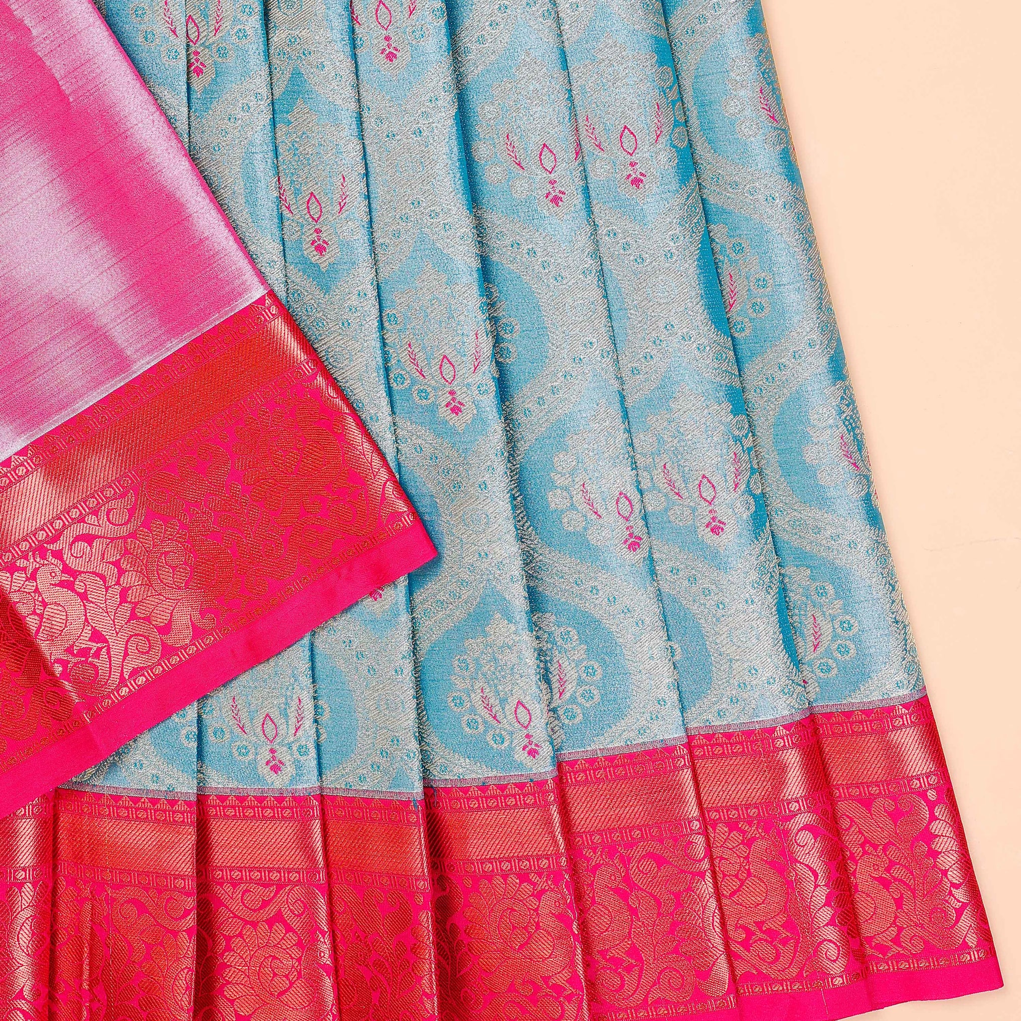 Traditional Kids Pattu Pavadai Material with Zari Motifs and Intricate Border - Blue