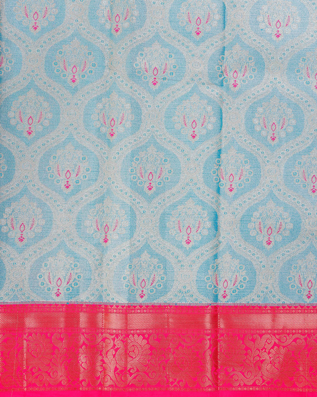 Traditional Kids Pattu Pavadai Material with Zari Motifs and Intricate Border - Blue