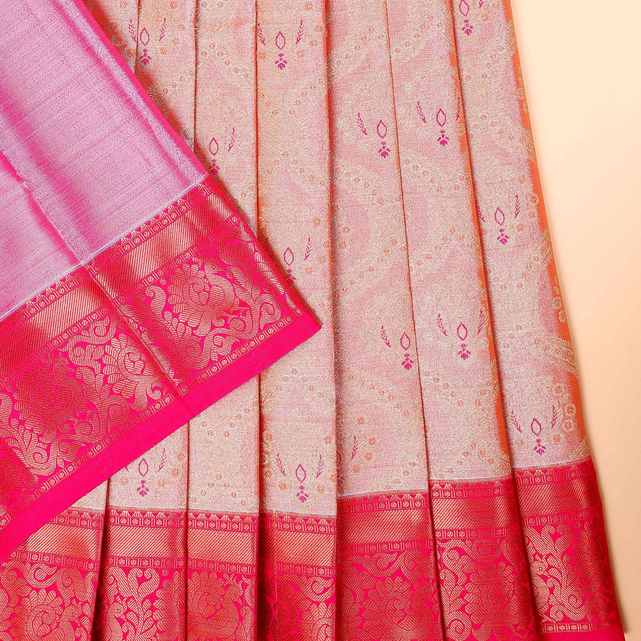 Traditional Kids Pattu Pavadai Material with Zari Motifs and Intricate Border - Pink