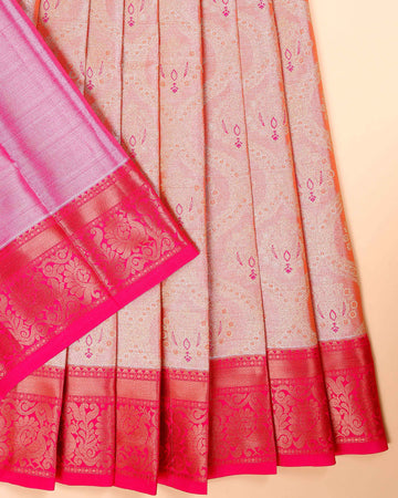 Traditional Kids Pattu Pavadai Material with Zari Motifs and Intricate Border - Pink