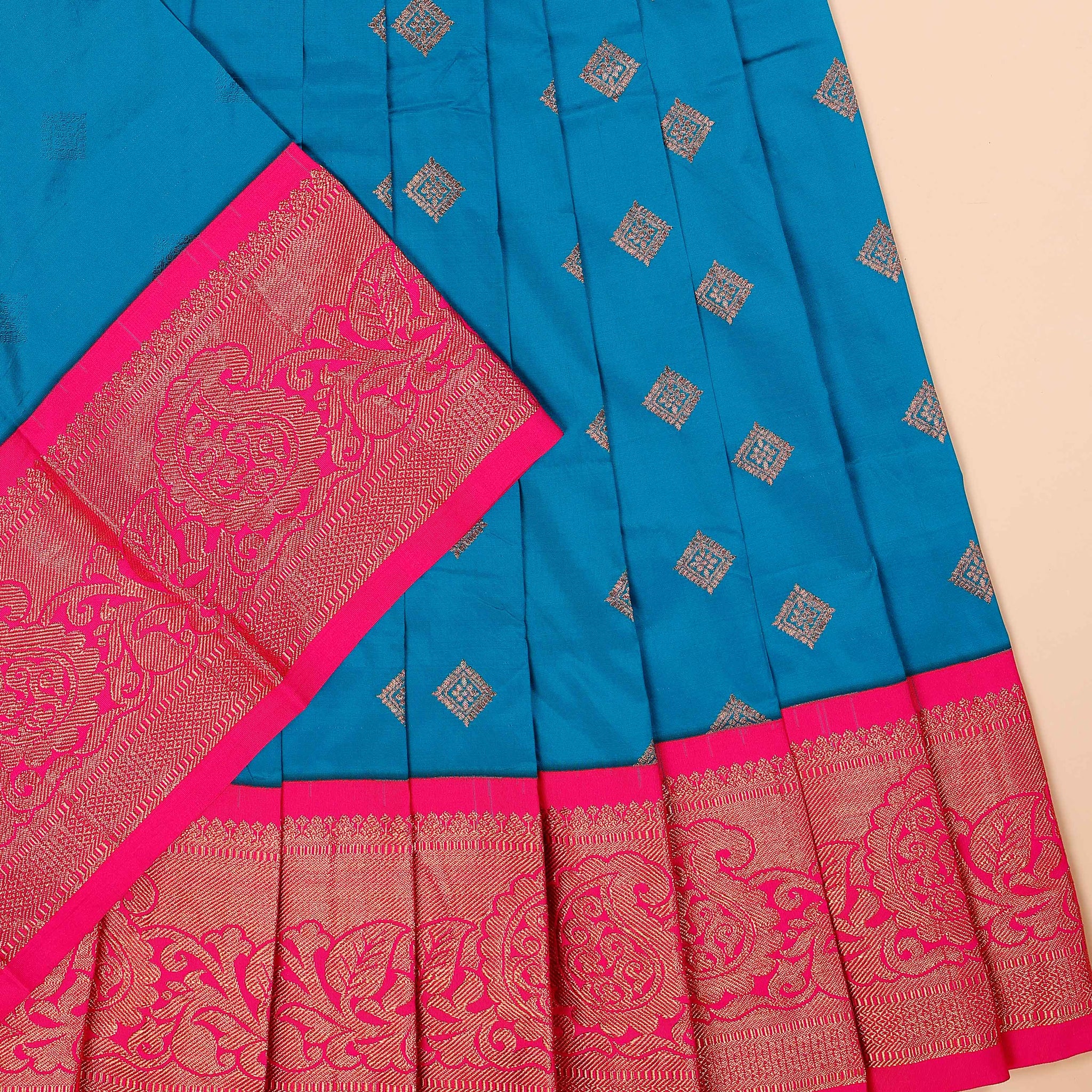 Traditional Zari Woven Kids Pattu Pavadai Material with Ornate Border - Blue