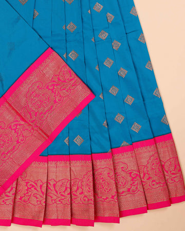 Traditional Zari Woven Kids Pattu Pavadai Material with Ornate Border - Blue