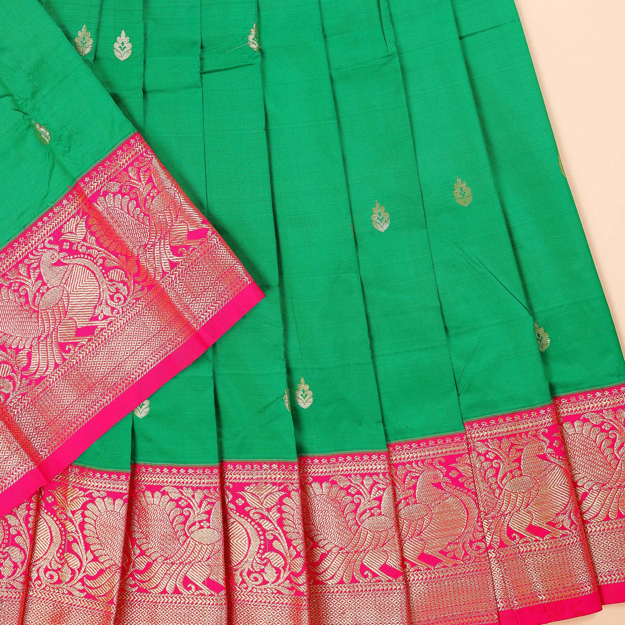 Traditional Kids Pattu Pavadai Material with Traditional Zari Woven Border and Motifs - Green