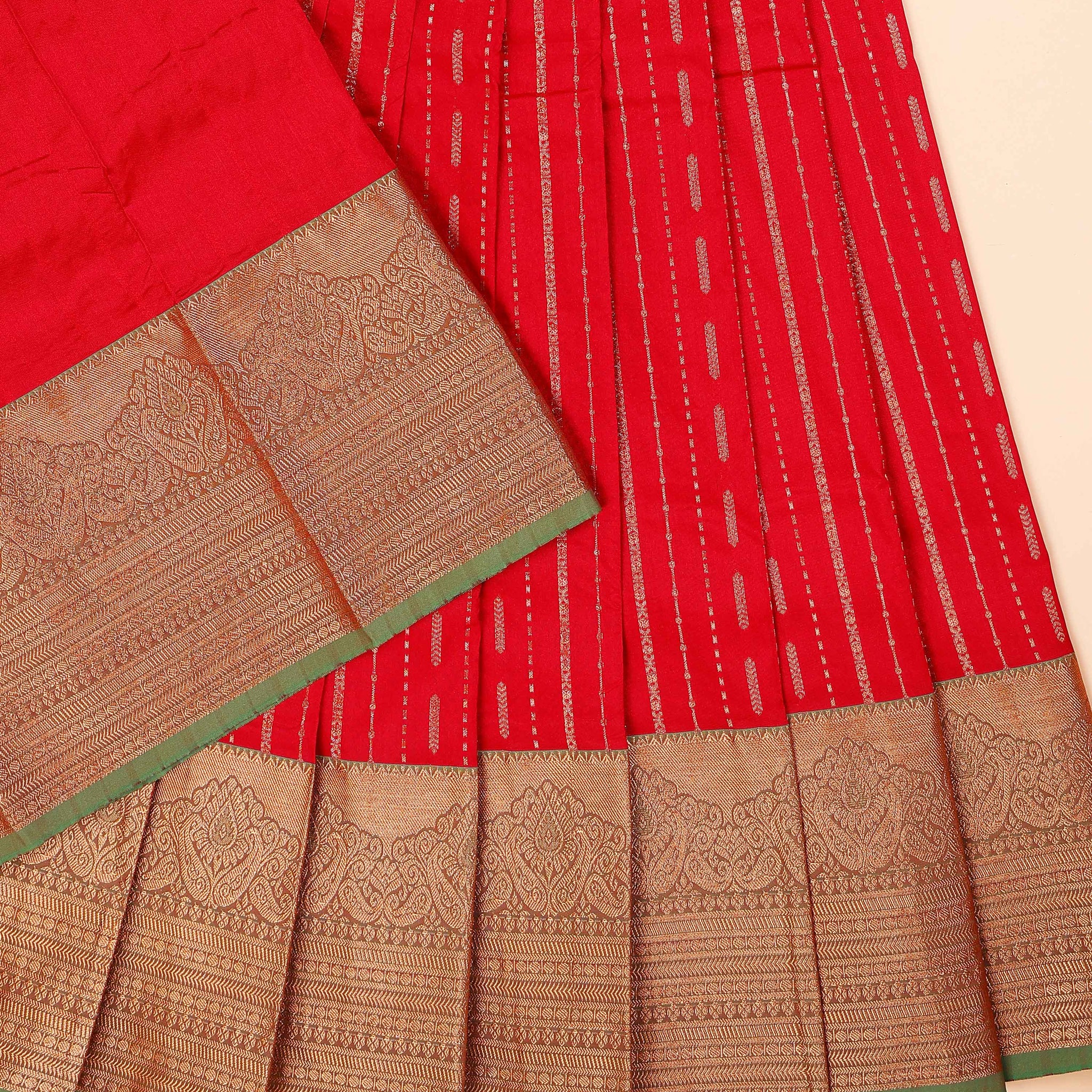 Traditional Pattu Pavadai Material with Zari Weave & Elaborate Border - Red