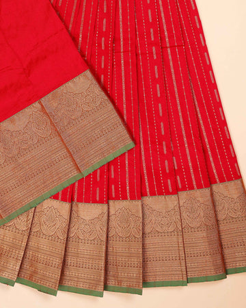 Traditional Pattu Pavadai Material with Zari Weave & Elaborate Border - Red