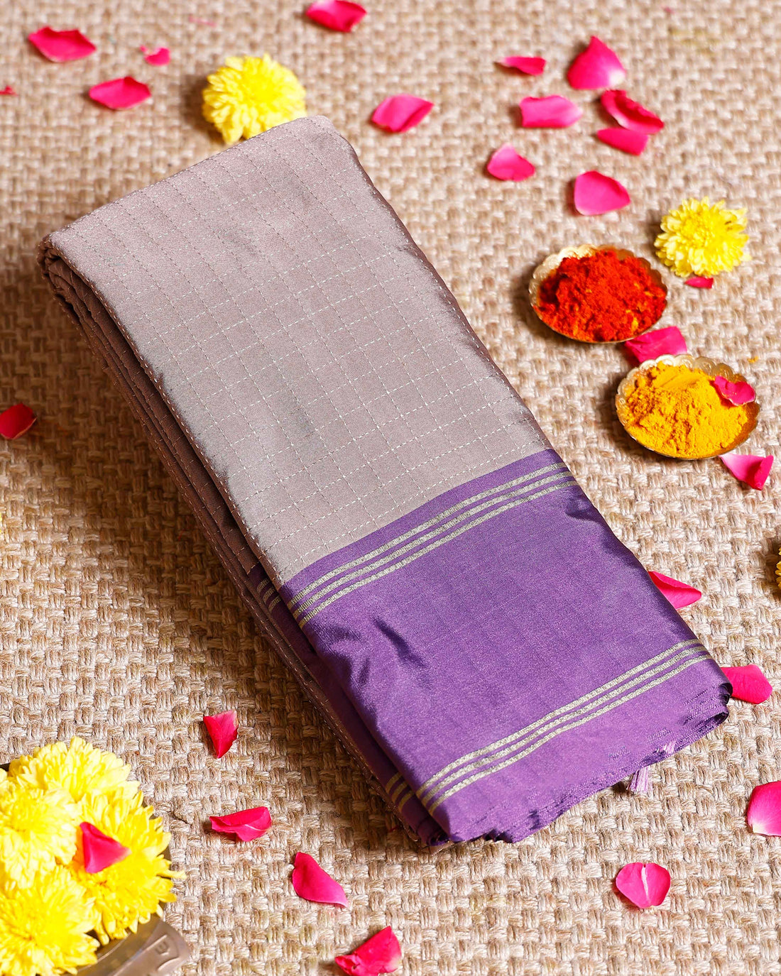 Elegant Soft Silk Saree with Woven Checks and Contrast Border - Light Brown