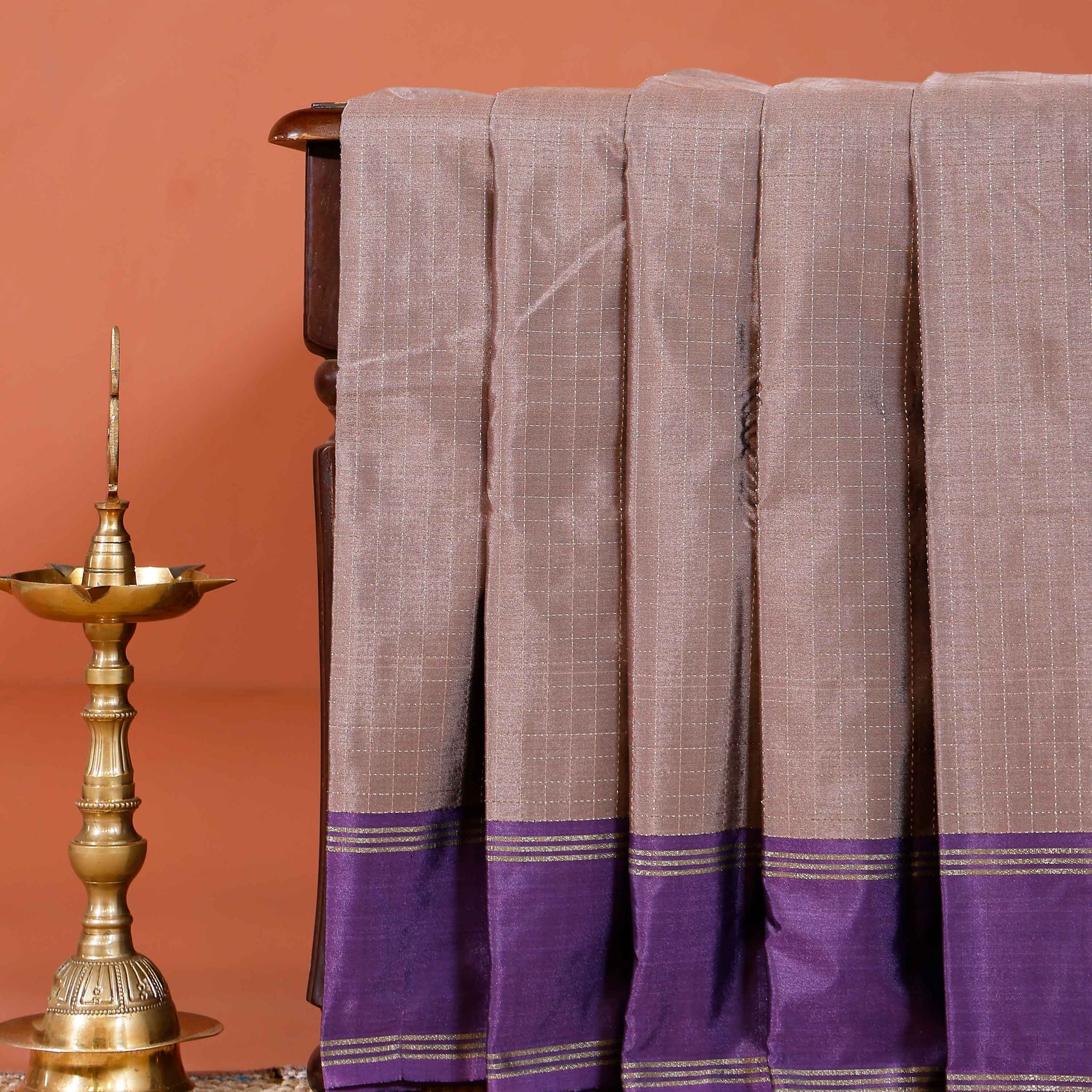 Elegant Soft Silk Saree with Woven Checks and Contrast Border - Light Brown