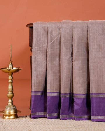 Elegant Soft Silk Saree with Woven Checks and Contrast Border - Light Brown