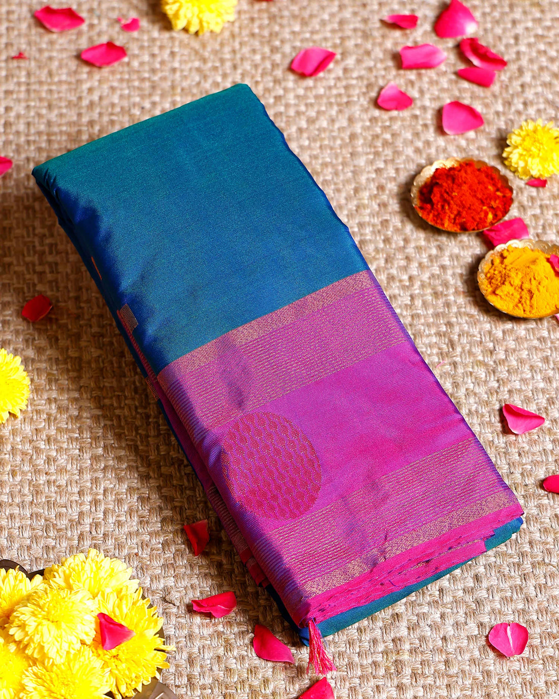 Elegant Handloom Soft Silk Saree with Traditional Motifs & Contrasting Border - Blue