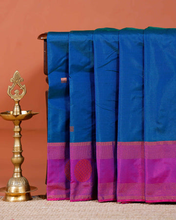 Elegant Handloom Soft Silk Saree with Traditional Motifs & Contrasting Border - Blue