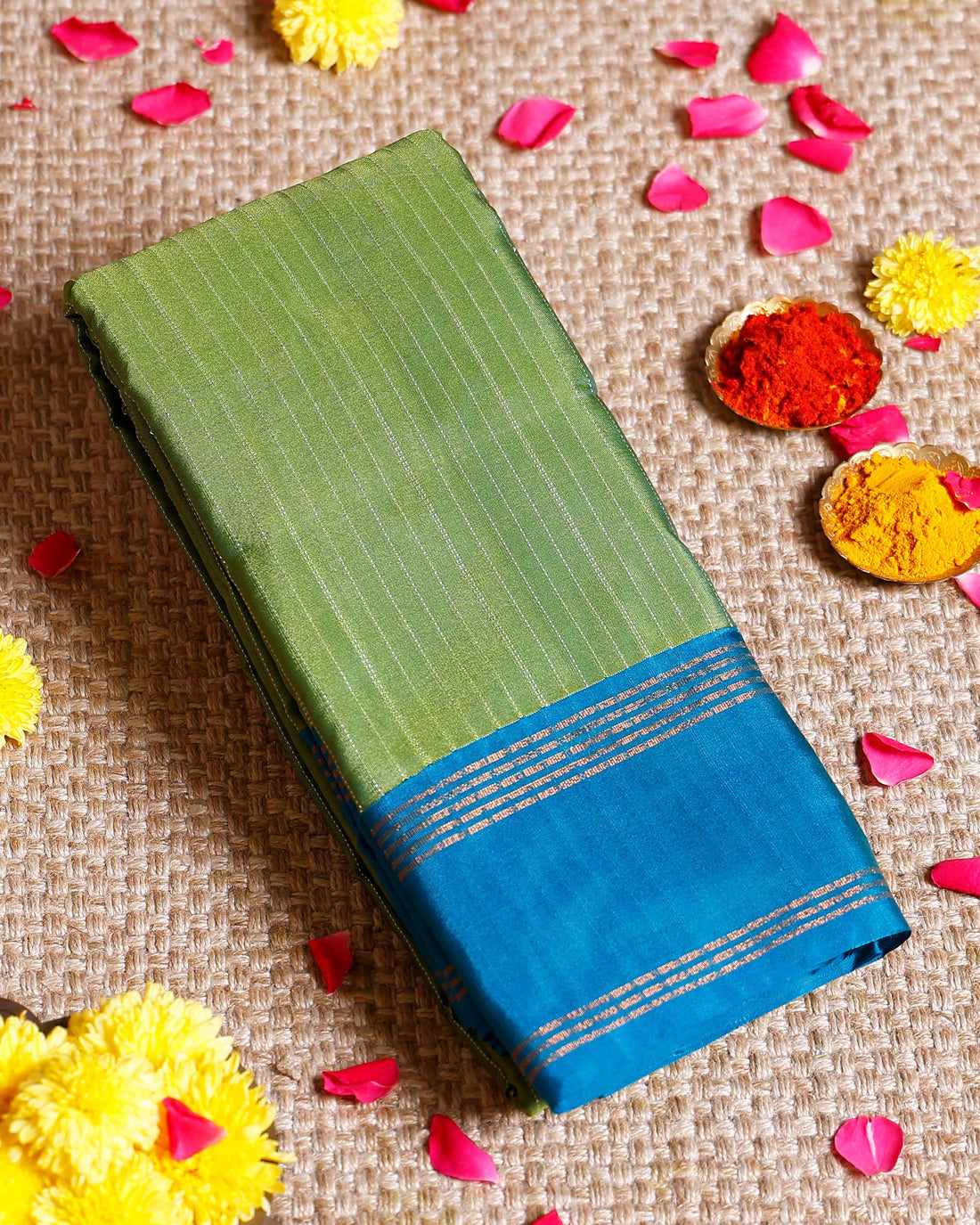 Elegant Soft Silk Saree with Striped Body and Contrast Border - Green