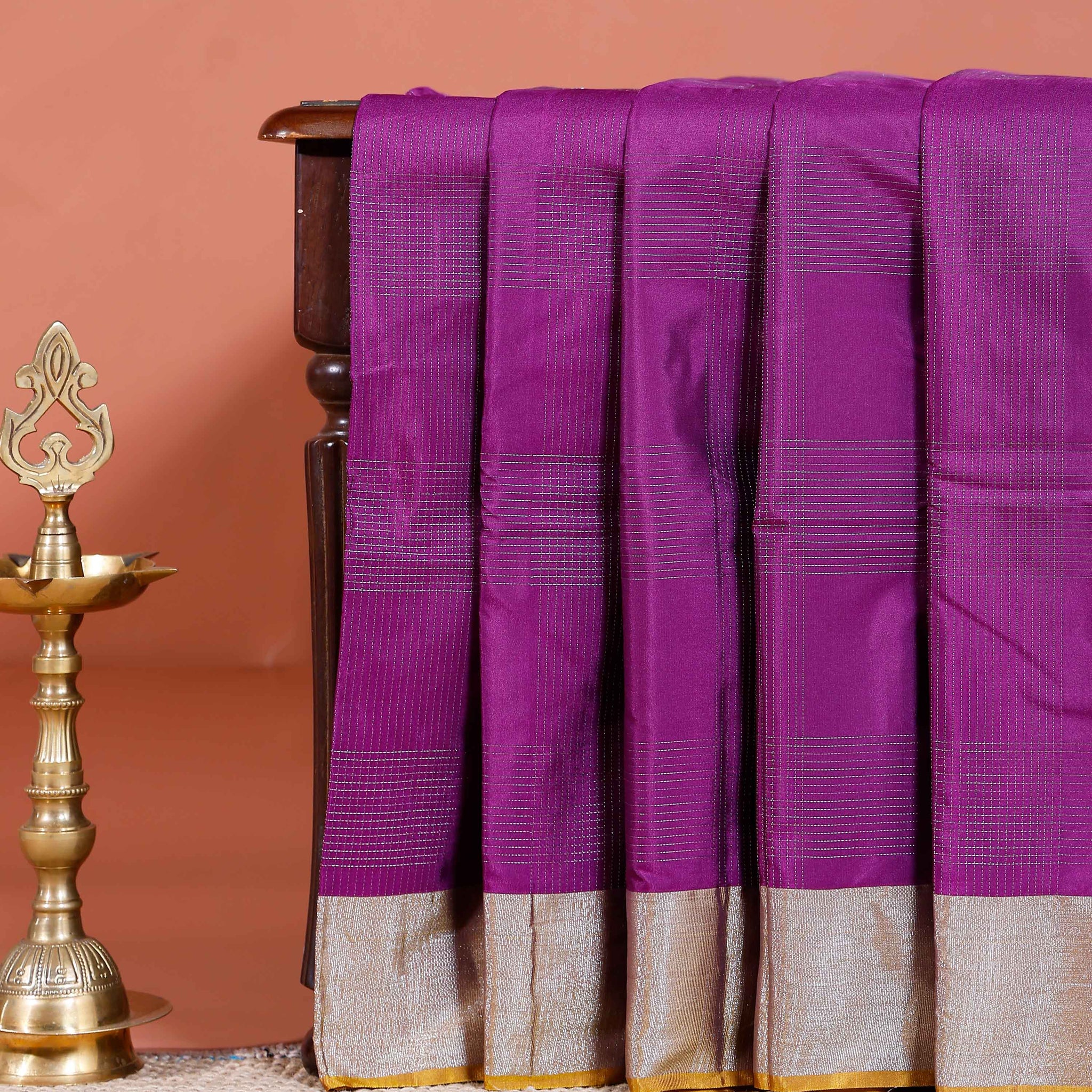 Elegant Handloom Soft Silk Saree with Zari Checks and Traditional Border - Purple