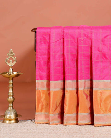 Elegant Soft Silk Saree with Woven Checks and Contrast Border - Pink