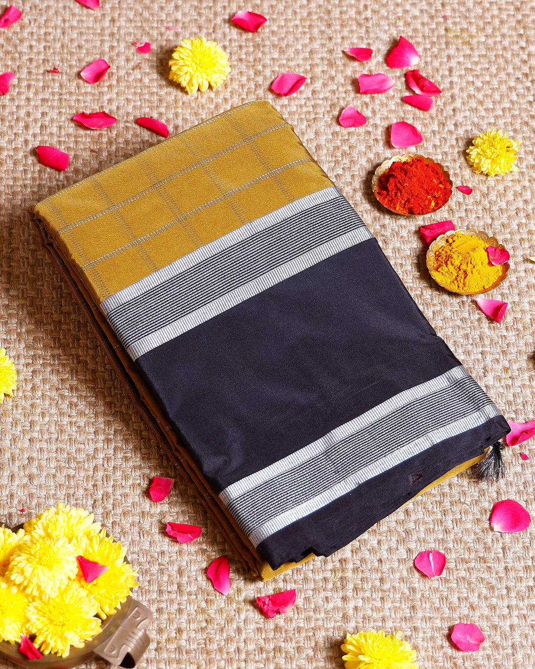 Elegant Soft Silk Saree with Woven Checks and Contrast Border - Olive Green
