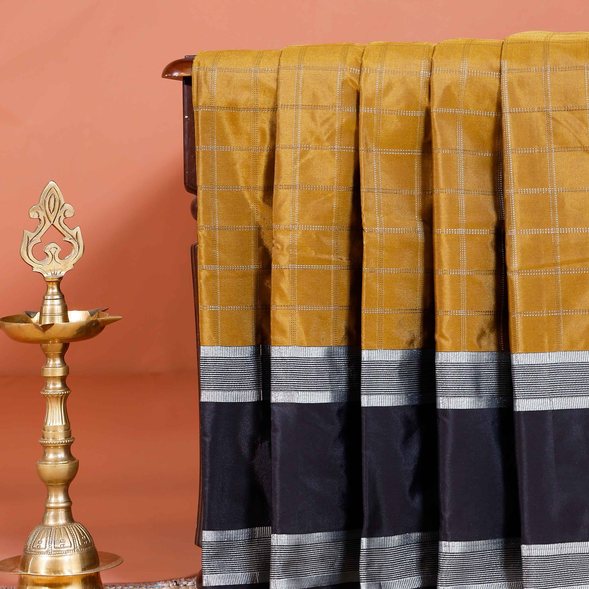 Elegant Soft Silk Saree with Woven Checks and Contrast Border - Olive Green