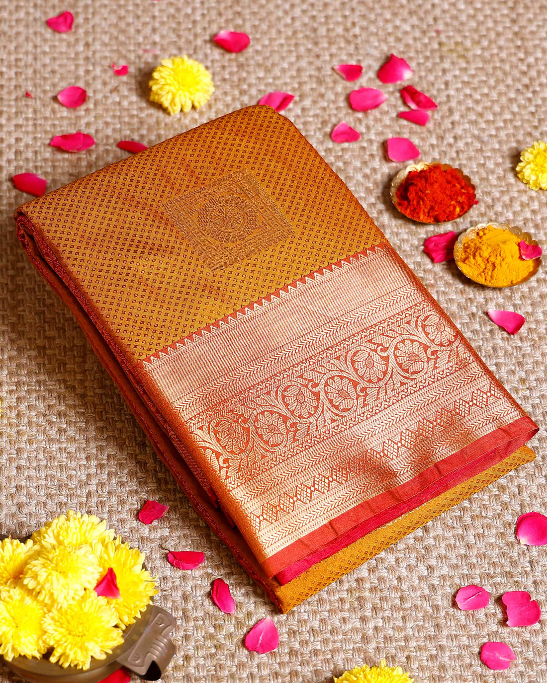 Elampillai Silk Cotton Saree with Traditional Zari Weave and Floral Motifs - Mustard