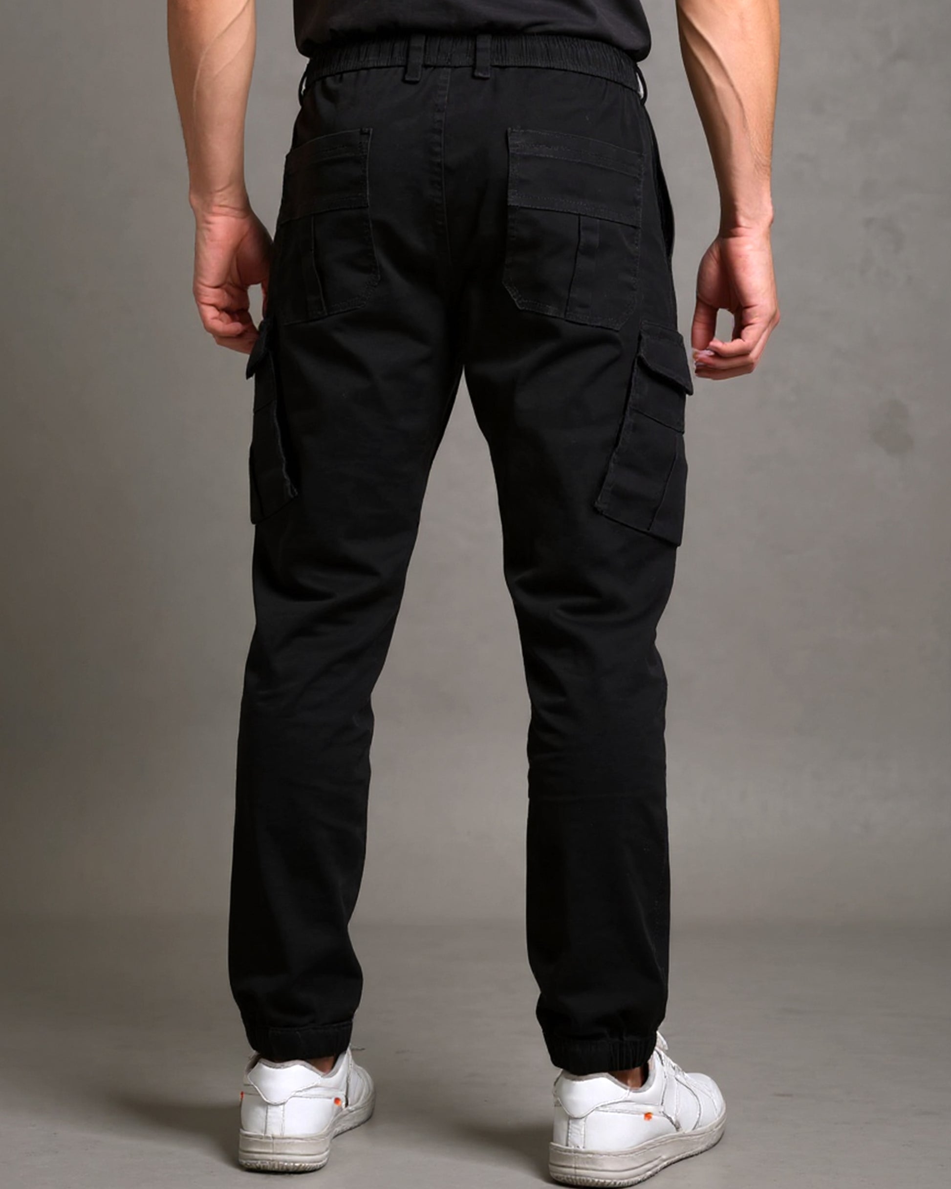 Cargo Jogger Pants with Elastic Drawstring Waist and Flap Pockets Black Back View 