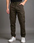 Cargo Jogger Pants with Elastic Drawstring Waist and Flap Pockets Dark Brown Front View