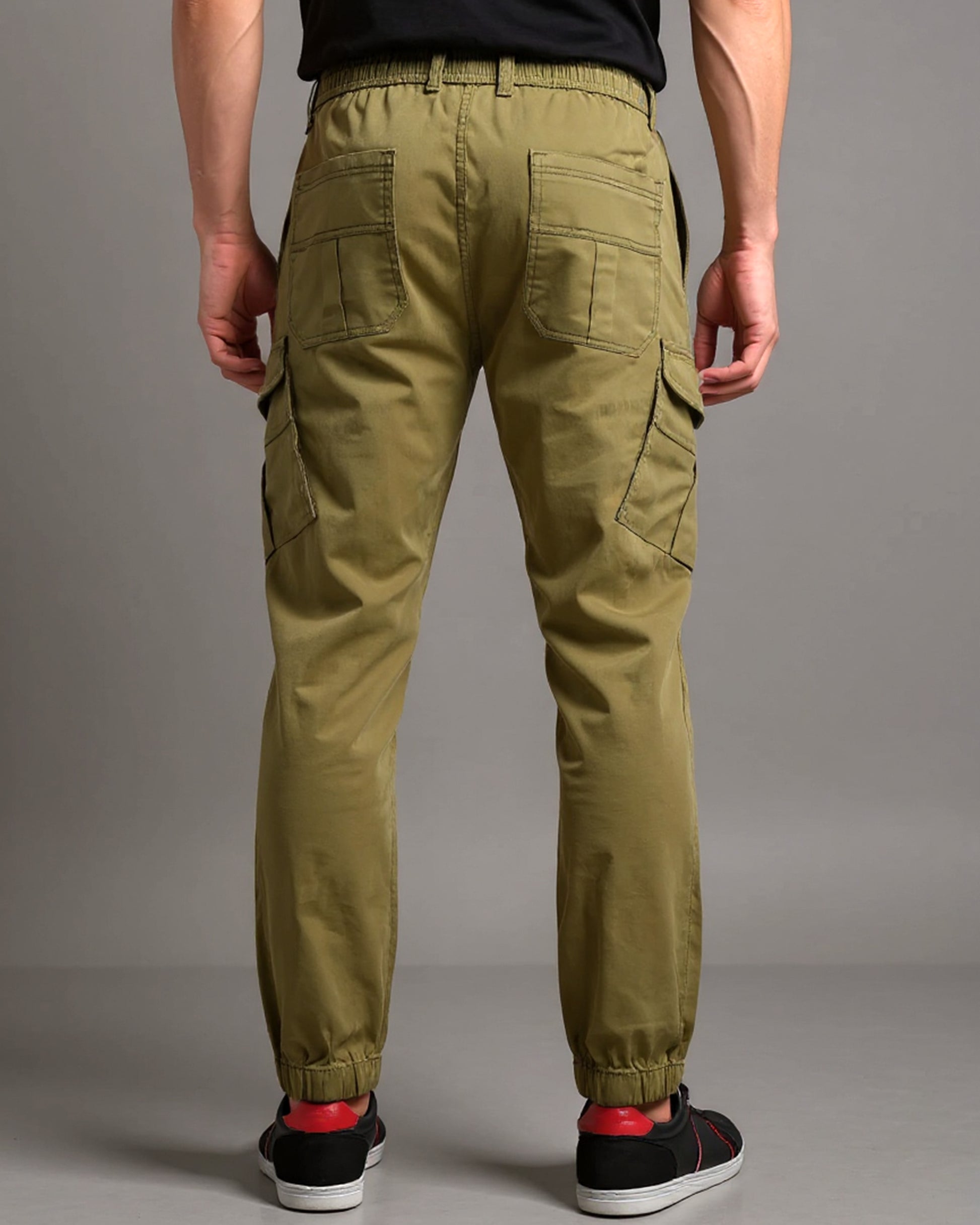 Cargo Jogger Pants with Elastic Drawstring Waist and Flap Pockets Green Back View 