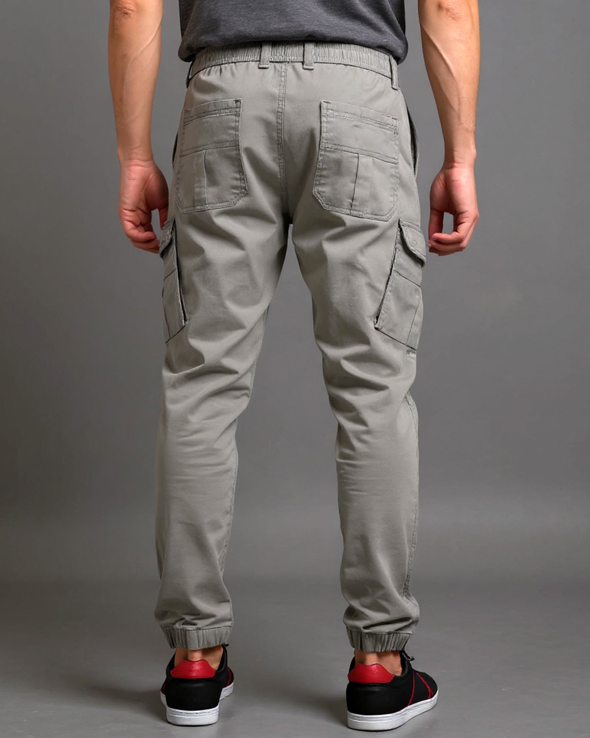 Cargo Jogger Pants with Elastic Drawstring Waist and Flap Pockets Grey Back View 