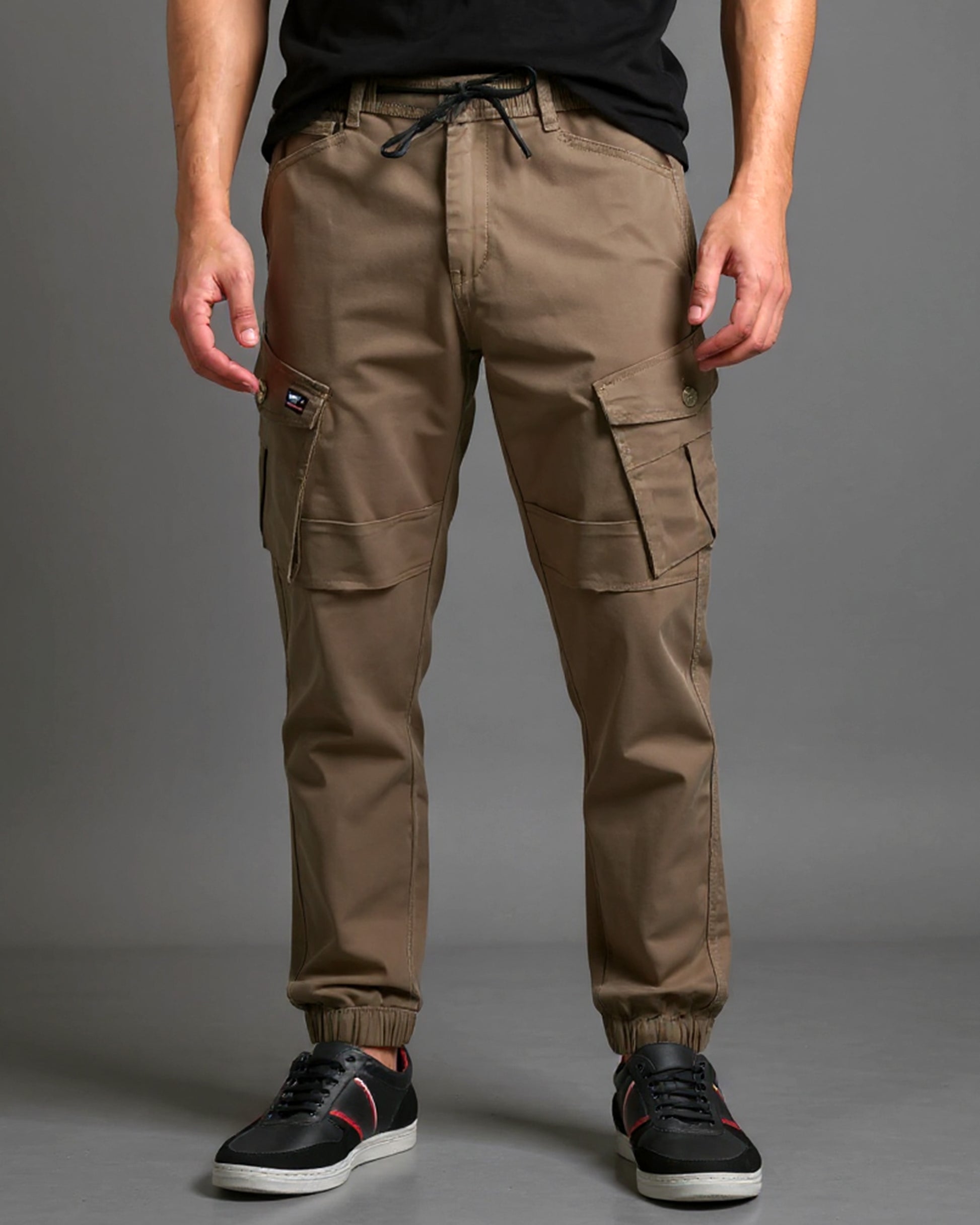 Cargo Jogger Pants with Elastic Drawstring Waist and Flap Pockets Light Brown Front View 