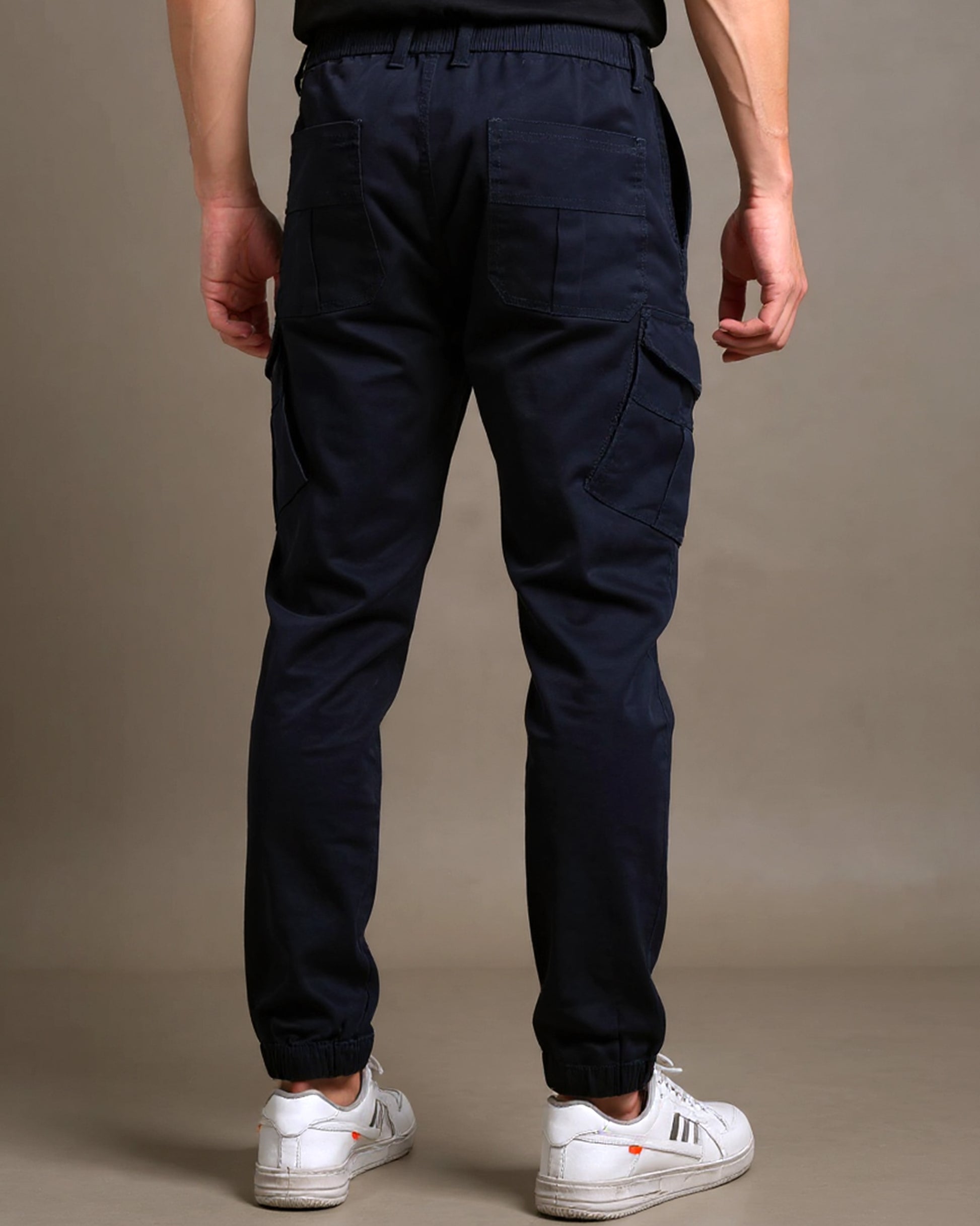Cargo Jogger Pants with Elastic Drawstring Waist and Flap Pockets Navy Blue Back View