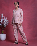 Women’s Cotton Striped Nightwear Set Short Sleeve Round Neck Top with Full Length Pajama Pants, Peach