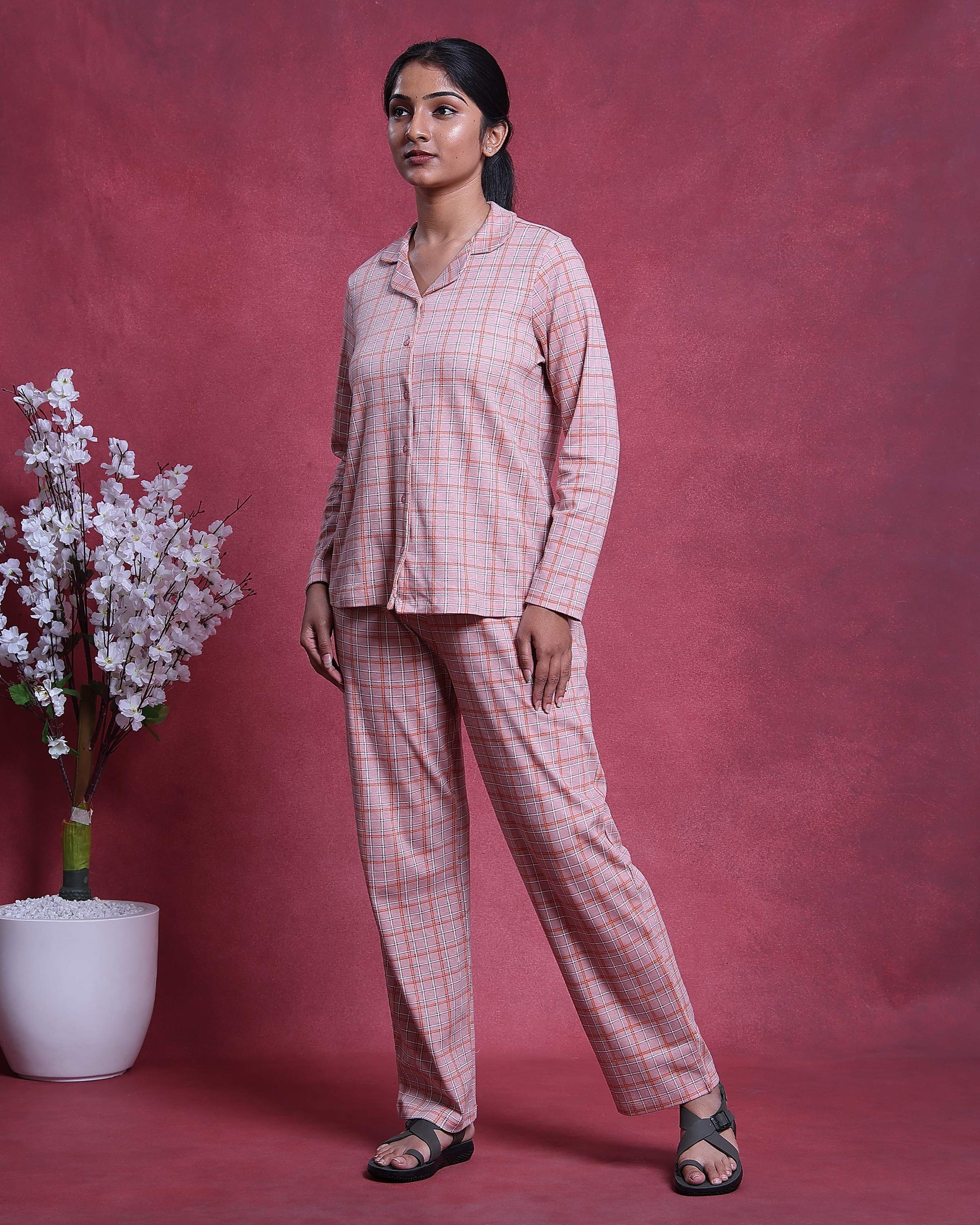 Women’s Cotton Striped Nightwear Set Short Sleeve Round Neck Top with Full Length Pajama Pants, Peach