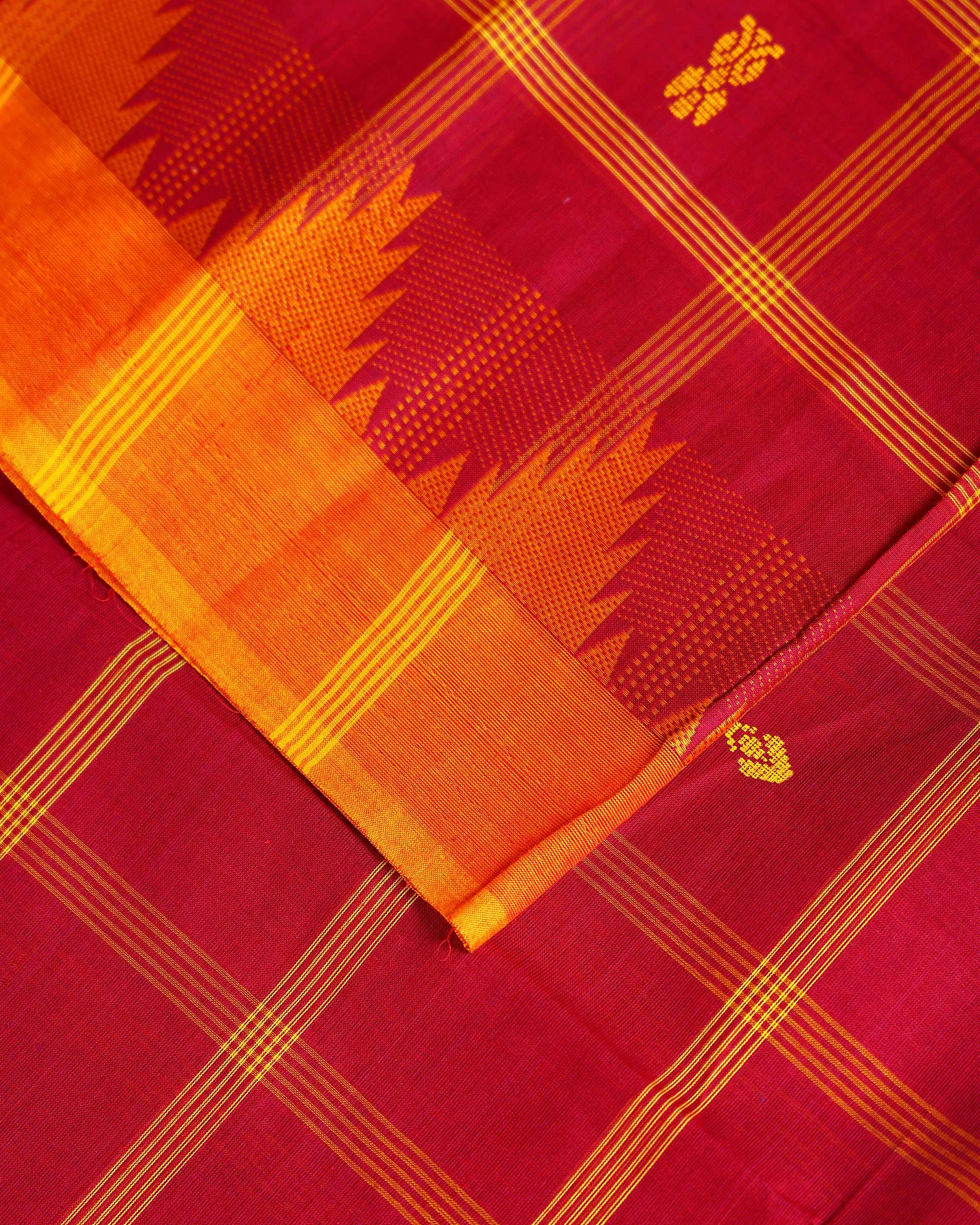  Chettinad Cotton Saree with Traditional Checks and Temple Border - Maroon-Close