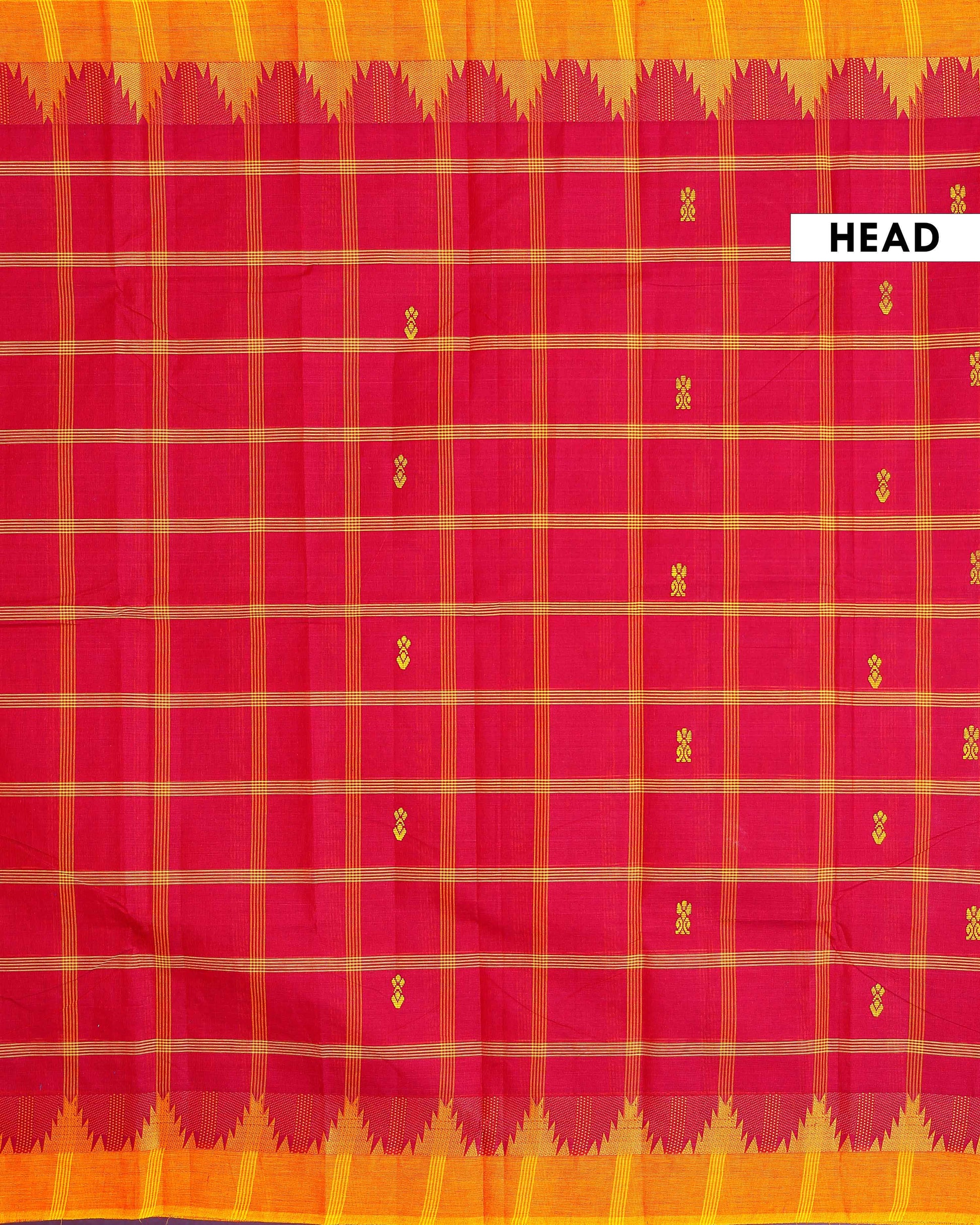 Traditional Chettinad Cotton Saree with Traditional Checks and Temple Border - Maroon-Head