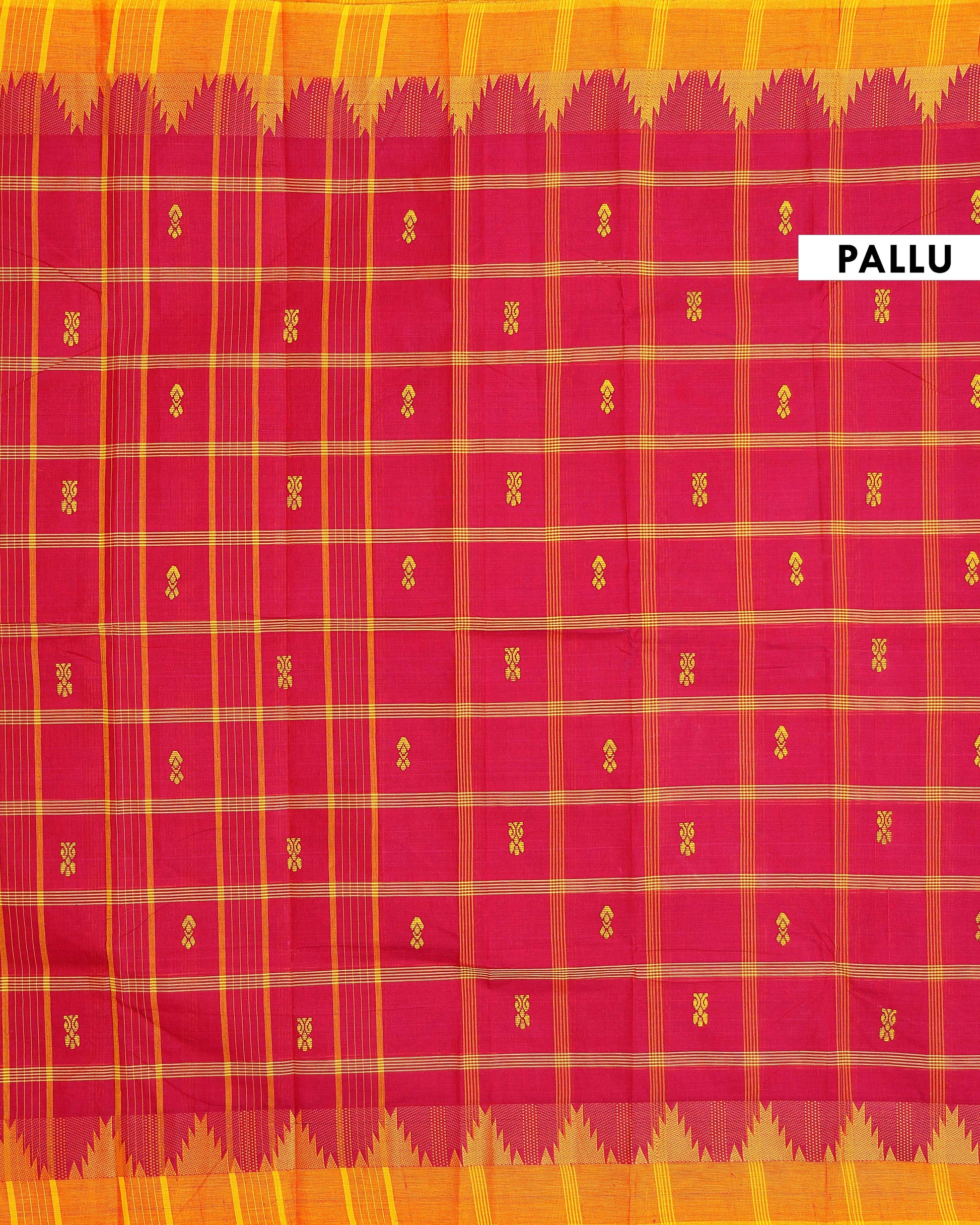 
Chettinad Cotton Saree with Traditional Checks and Temple Border - Maroon-pallu
