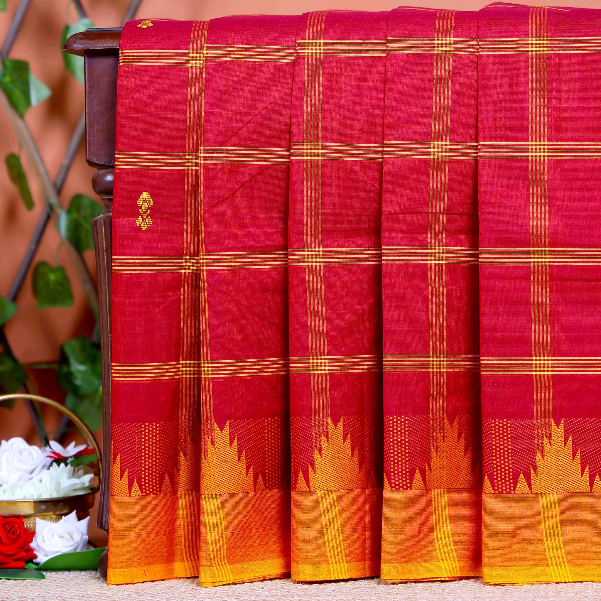 Traditional Chettinad Cotton Saree with Traditional Checks and Temple Border - Maroon