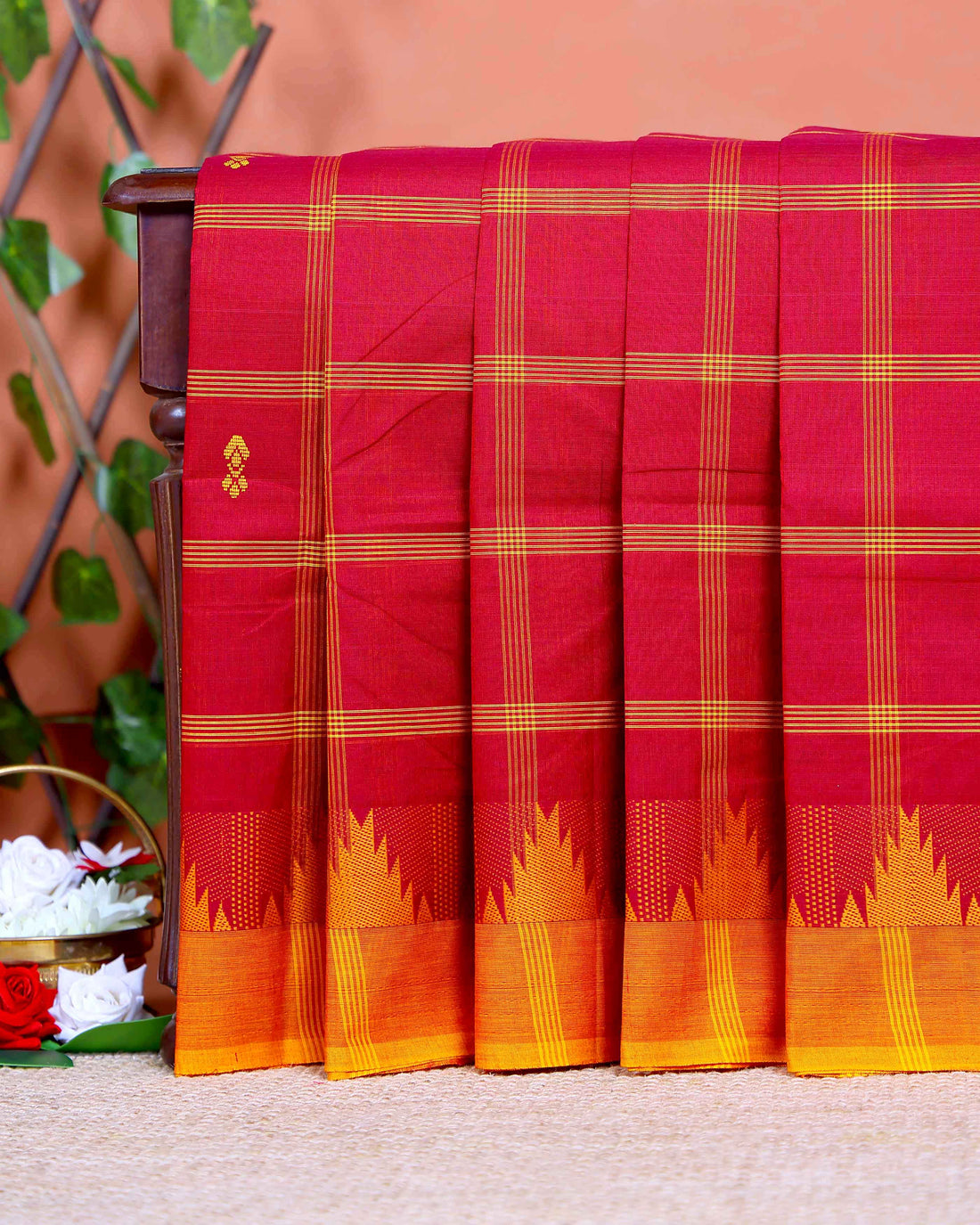Traditional Chettinad Cotton Saree with Traditional Checks and Temple Border - Maroon