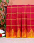 Traditional Chettinad Cotton Saree with Traditional Checks and Temple Border - Maroon
