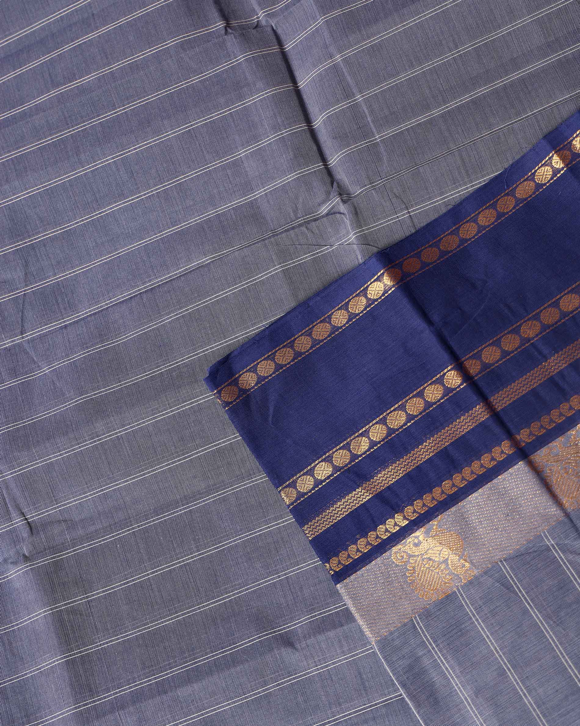 Chettinad Cotton Saree with Traditional Zari Border - Dark Grey-CLOSE